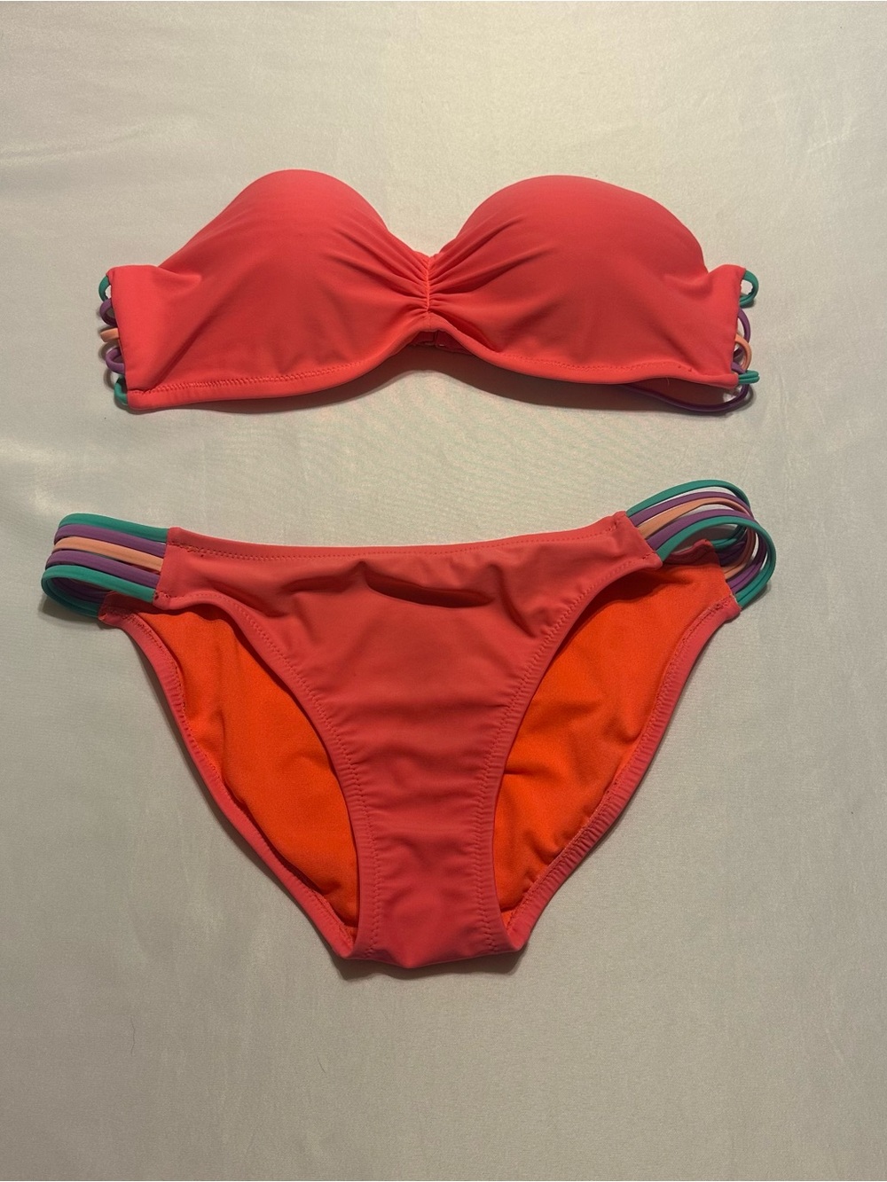 Target Coral Pink Bandeau Bikini with Multicolor Strap Accents